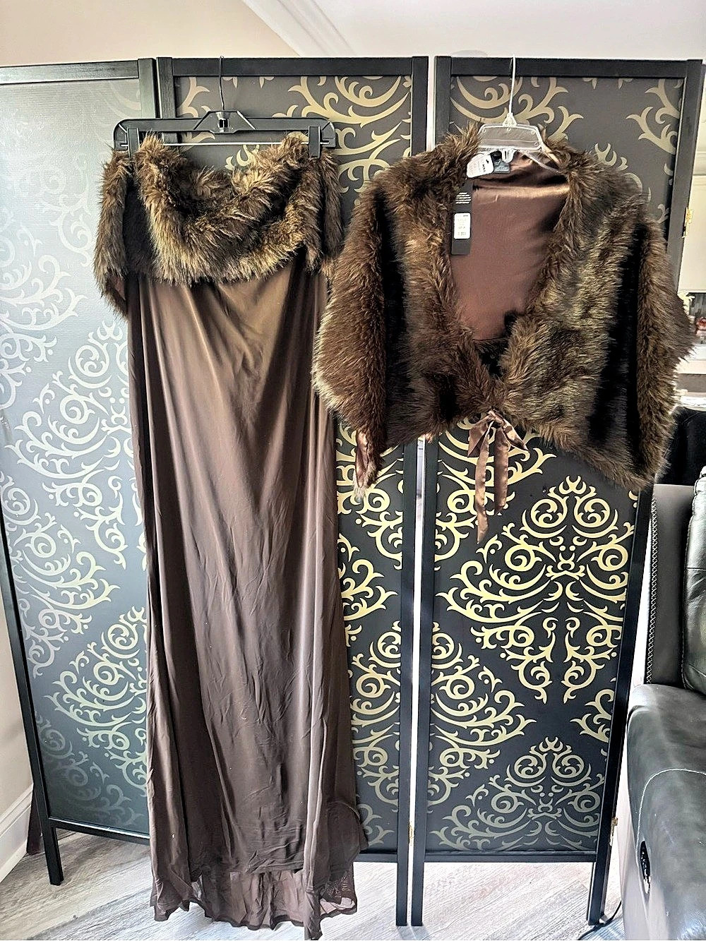 Fashion Nova Glam Theory 2 Piece Faux Fur Gown Maxi Gown Set Brown Size 2X NWT